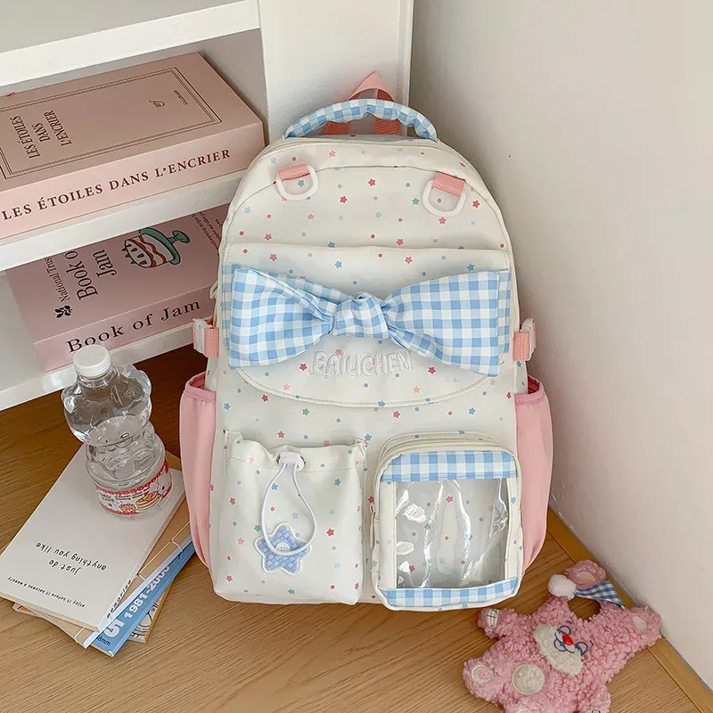 sac à dos en nylon pour adolescente, style coréen, avec nœud papillon, imprimé à carreaux et lettres, grande capacité, pour voyage et école