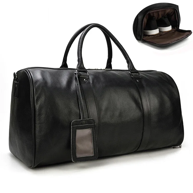 Sacs de voyage en peau de vache naturelle, sac de nuit imperméable en cuir pour hommes, sac à main pour bagages d'avion, sac de week-end pour hommes d'affaires 55cm