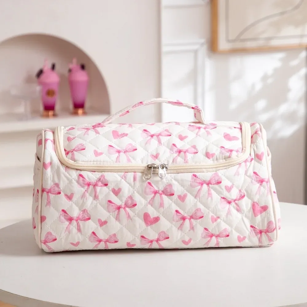 trousse de toilette tendance matelassée, trousse à maquillage portable avec nœud, sac de voyage grande capacité de haute qualité pour sèche-cheveux pour femme