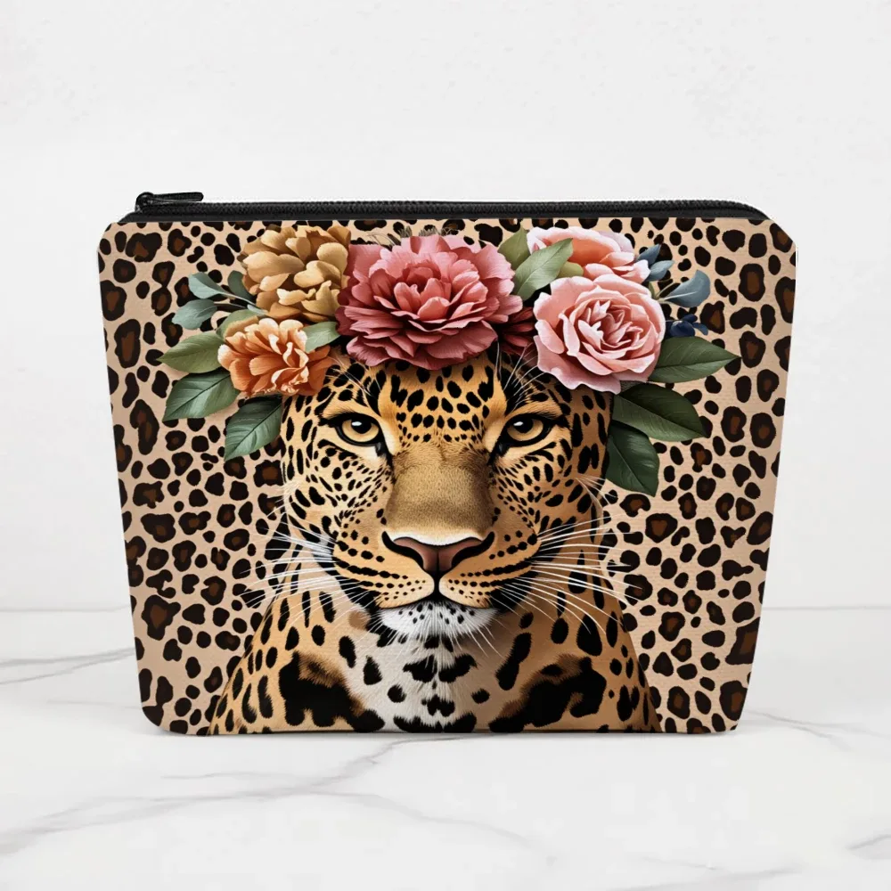 sacs de maquillage à motif léopard avec couronne florale pour filles, pochette à cosmétiques, trousse de toilette, trousse à crayons, rangement de voyage