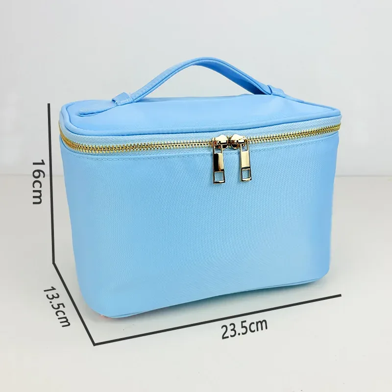 boîte de rangement imperméable en nylon couleur bonbon avec poignée, grand espace, patchs personnalisables, trousse de toilette et de maquillage pour filles pour les soirées pyjama