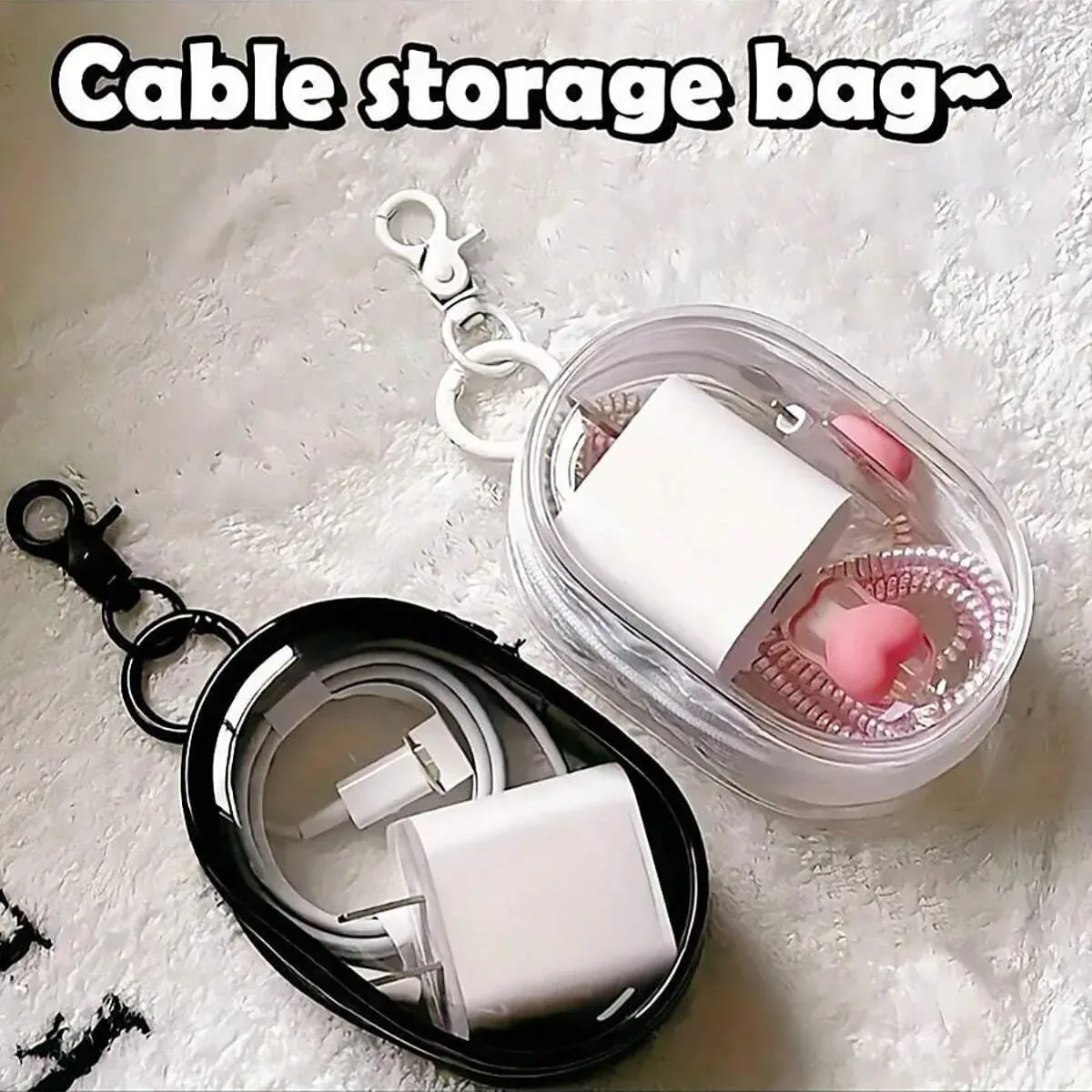 Sac de rangement portable transparent noir et blanc avec fermeture éclair + un crochet, peut être transporté avec vous, accroché à votre sac, adapté pour écouteurs, étuis de chargement, porte-clés, bagues, sac d'accessoires de voyage transparent