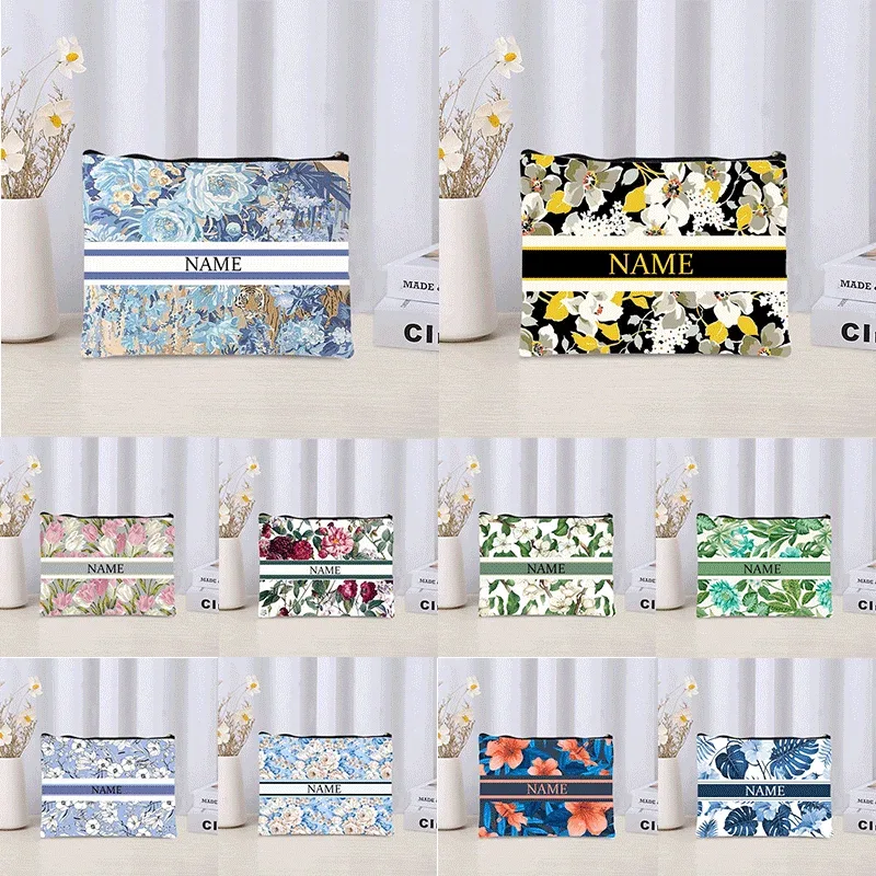 Pochette de maquillage personnalisée de luxe avec nom floral, pochette de maquillage personnalisée, organisateur de rouge à lèvres de voyage, pochette de maquillage tendance, sac à main en toile
