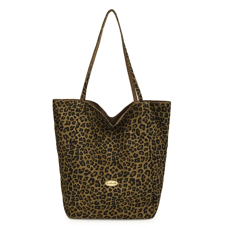 sac fourre-tout grande capacité en toile double face imprimé léopard pour femme, style décontracté universitaire, sac à bandoulière, sac de ville pour trajets quotidiens