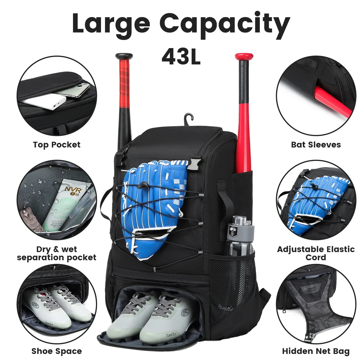 sac à dos d'équipement de softball pour les jeunes, sac de baseball avec compartiment à chaussures, grande capacité, sport
