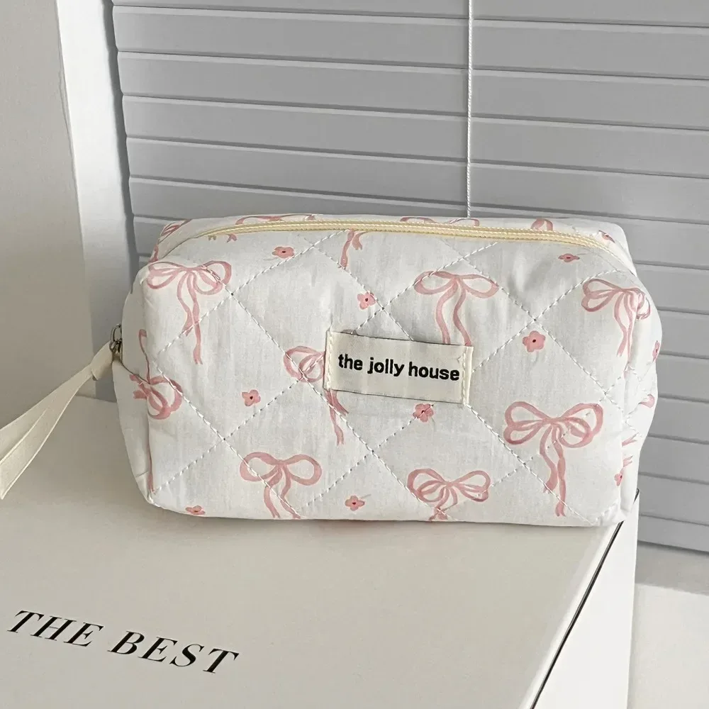 sac à cosmétiques de style coréen, sacs de rangement de voyage à fermeture éclair multi-tailles, sac matelassé de maquillage à carreaux avec nœud rose pour femmes et filles