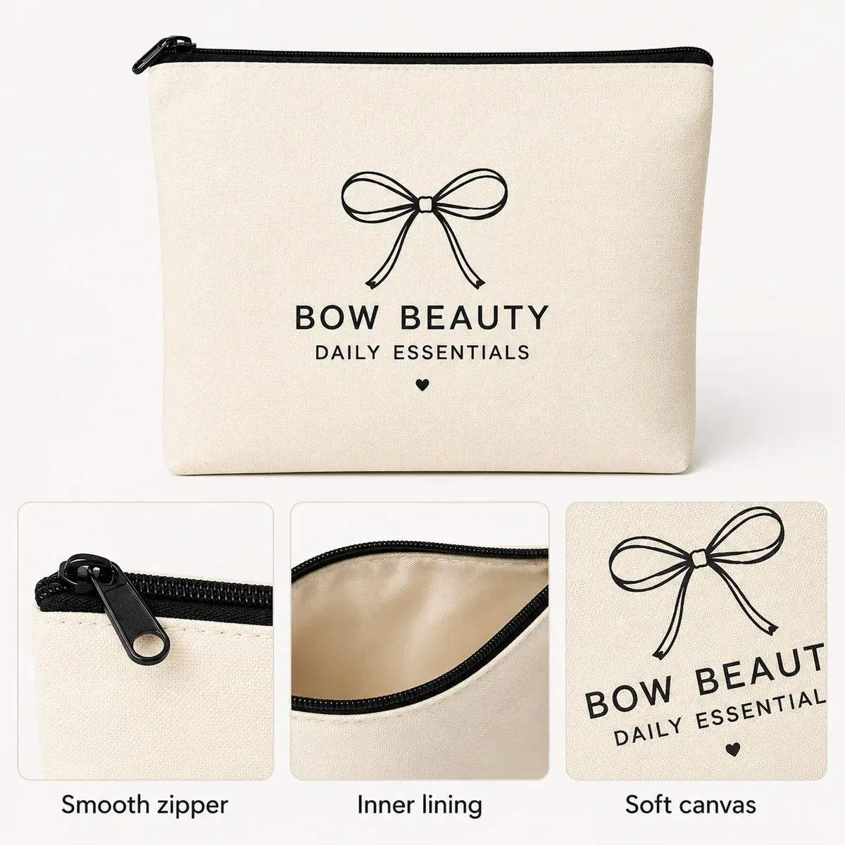 trousse de maquillage en toile avec nœud pour femmes, pochette cosmétique portable avec fermeture éclair, organisateur de voyage pour articles de toilette, sac de rangement quotidien pour essentiels de beauté