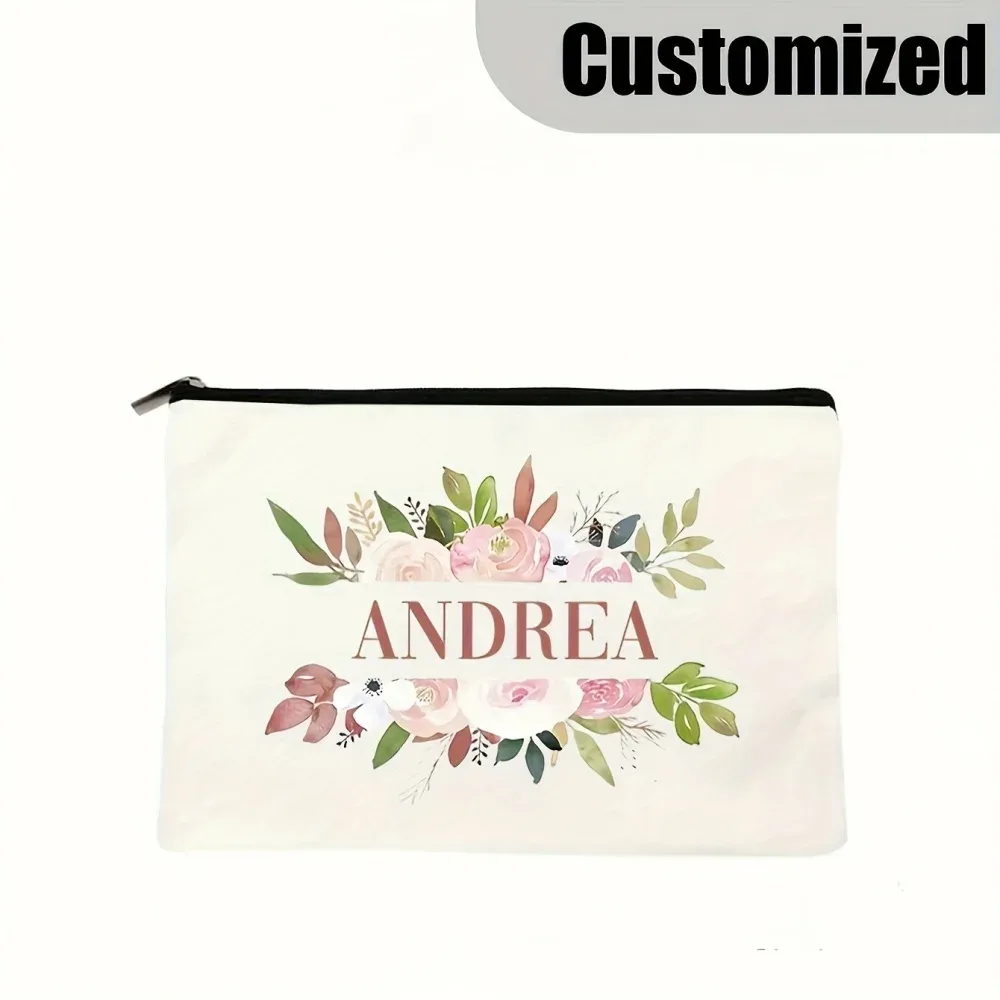 sac de maquillage personnalisé avec nom/texte, pochette à cosmétiques à double face imprimée à fleurs, sacs de rangement pour articles de toilette de voyage, 1 pièce
