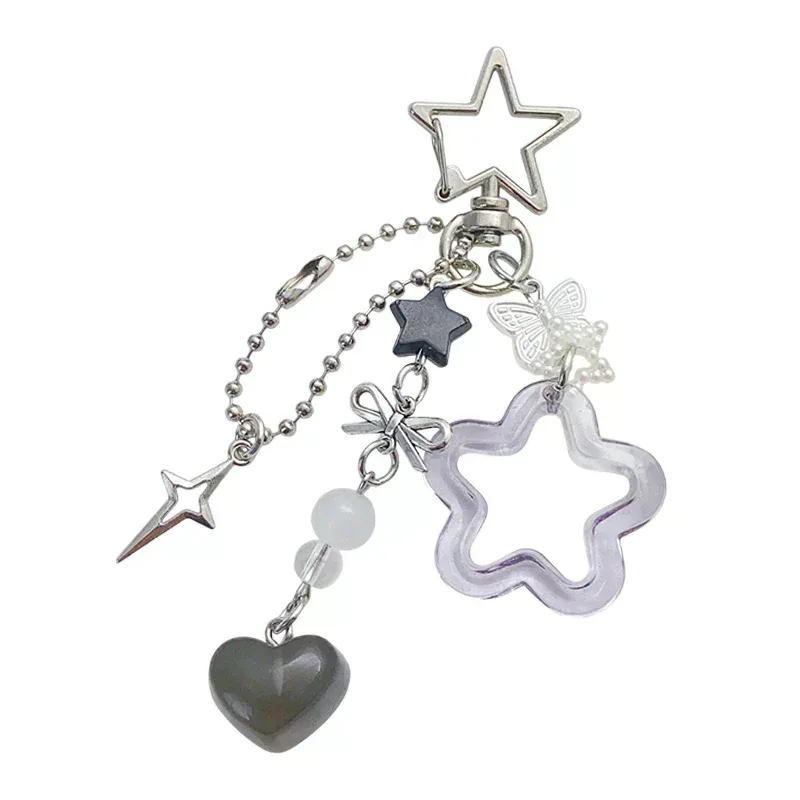 charmant porte-clés avec nœud en forme d'étoile et de cœur, parfait pour les femmes ; clé de voiture pour filles, cadeaux de décoration pour sac à dos