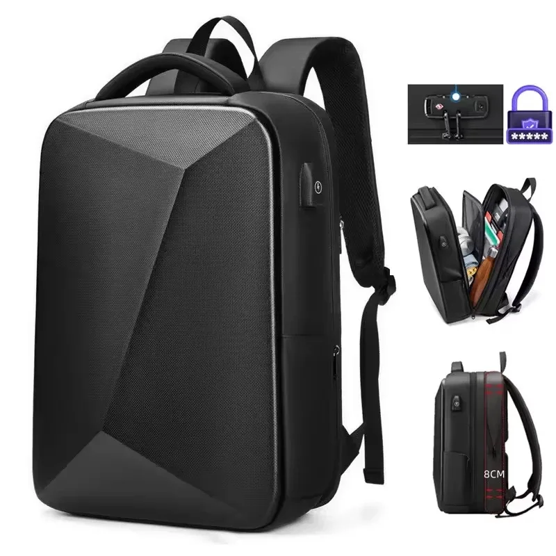 Sac à dos pour ordinateur portable 15.6 pouces pour homme, sac de voyage extensible, sac d'affaires antivol étanche, chargement USB, sac à coque rigide ABS