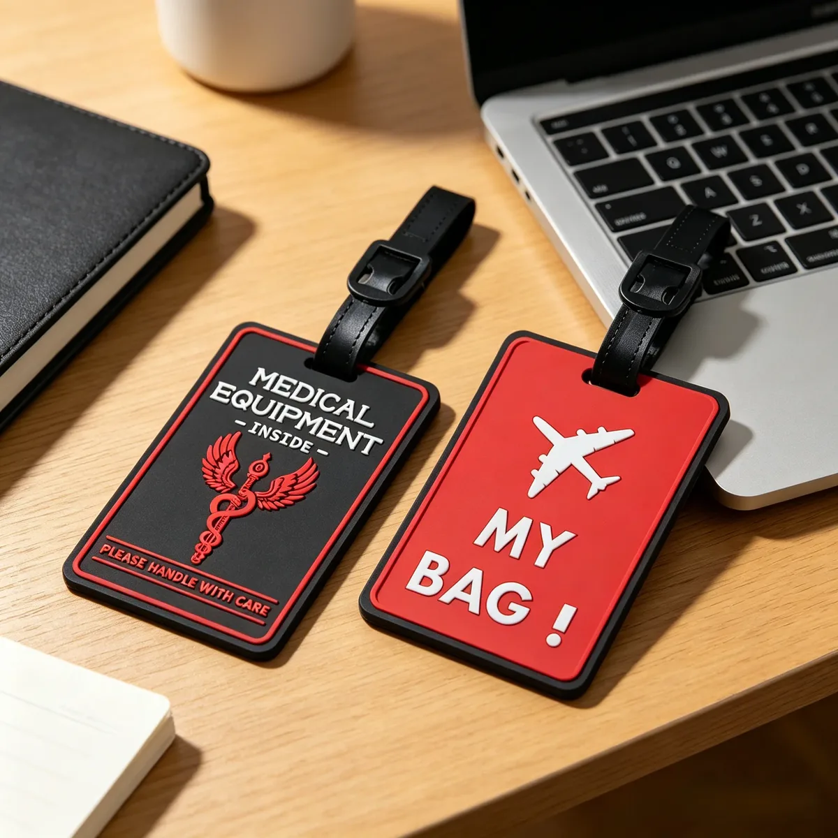 étiquette de bagage de protection de la vie privée avec avertissement de manipulation avec soin pour équipement médical, identification de voyage pour valise et sac