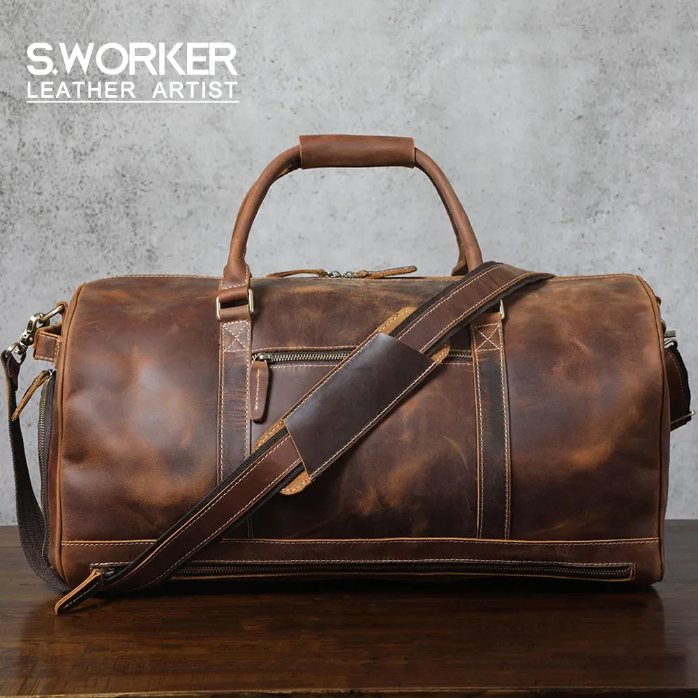 Sac de voyage pour homme en cuir pleine fleur S.WORKER, multi-poches, grande capacité, sac de week-end, cuir pleine fleur
