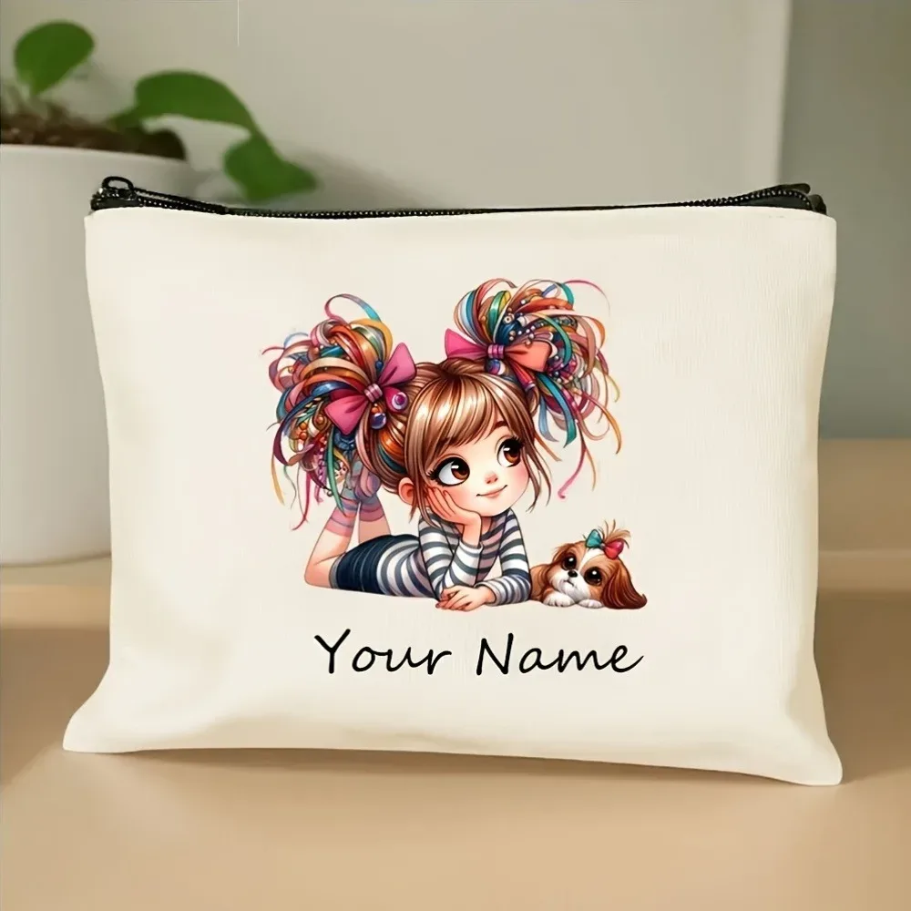 pochette de maquillage personnalisable avec motif fille mignon, sac de rangement portable à fermeture éclair pour cosmétiques, cadeau pour femme ou amie, idéal pour le memorial day