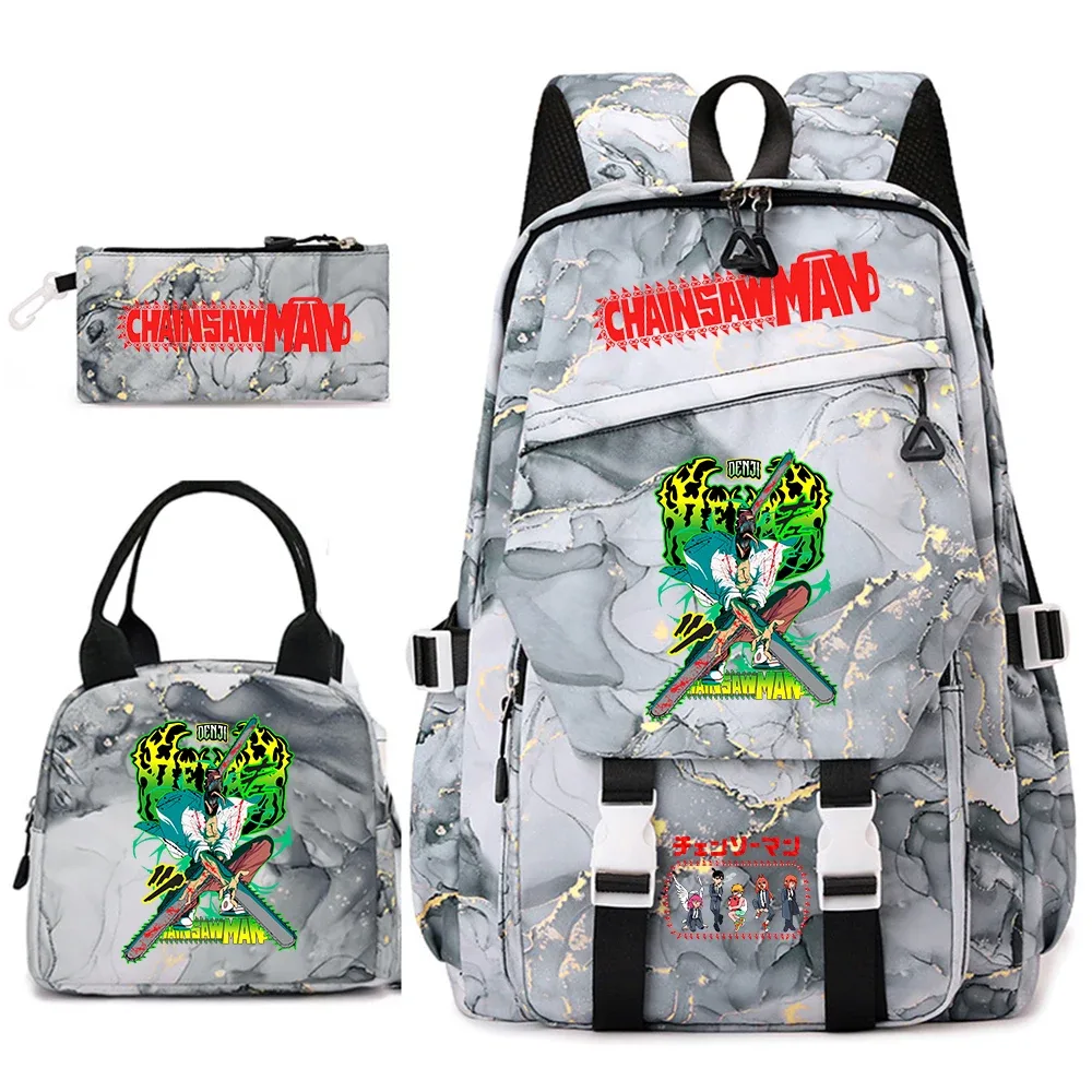 ensemble de sacs à dos pour étudiantes avec imprimé chainsaw man anime, pour filles, avec sac à lunch et trousse à crayons, pour une utilisation quotidienne à l'école