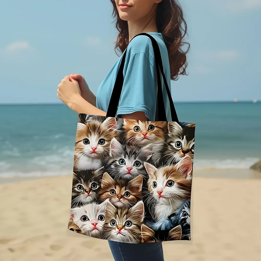 grand sac fourre-tout avec graphique de chat de dessin animé, sac à bandoulière pliable réutilisable en polyester pour femmes, sacs de rangement de voyage pour achats d'épicerie