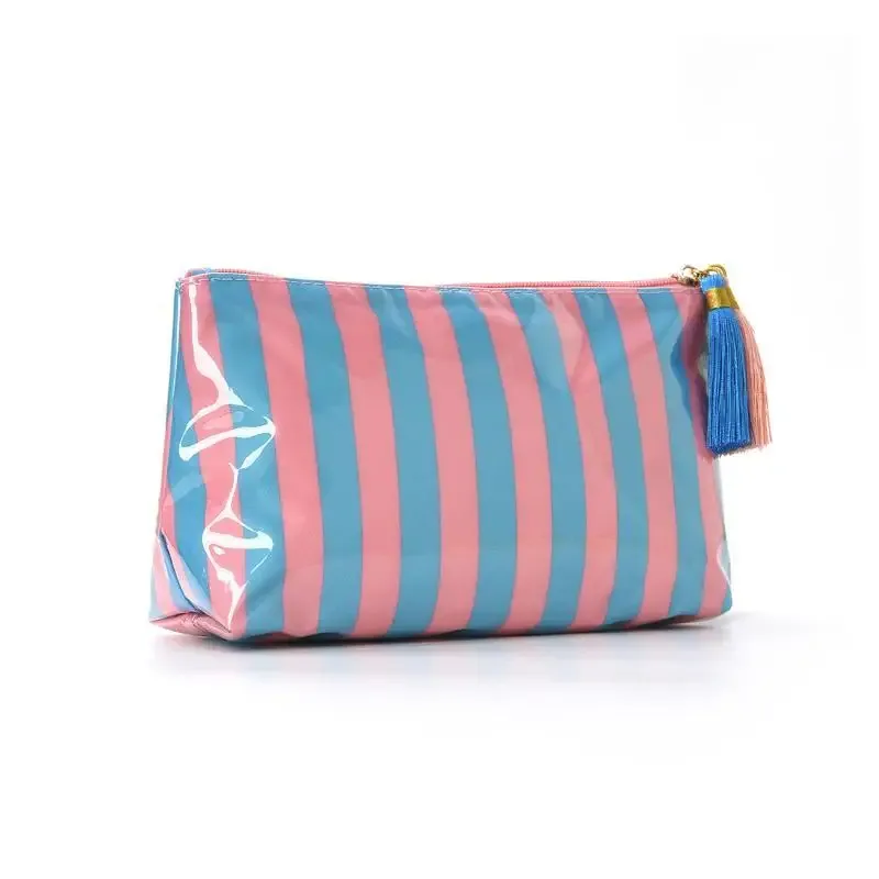 pochette cosmétique rayée en pvc avec franges et fermeture éclair, trousse de toilette imperméable pour voyage, étui pour pinceaux de maquillage