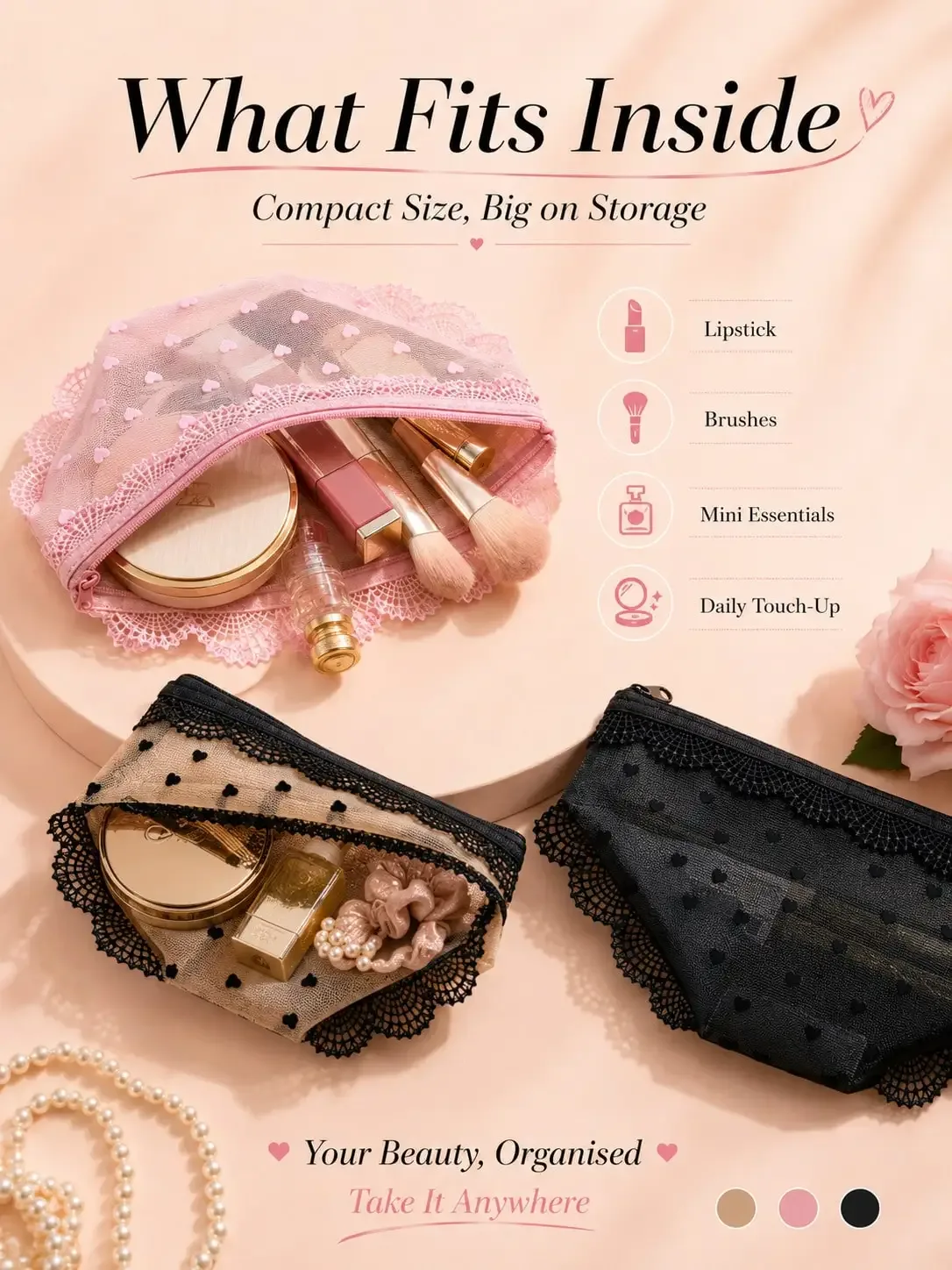 pochette de maquillage transparente et sexy en dentelle, pochette de maquillage portable pour voyage, adaptée pour l'eyeliner, les pinceaux de maquillage, le rouge à lèvres, les produits de soin de la peau, les écouteurs, les palettes de fards à paupières, etc., idéale pour les voyages quotidiens, un joli rangement pour la papeterie et un sac de toilette.