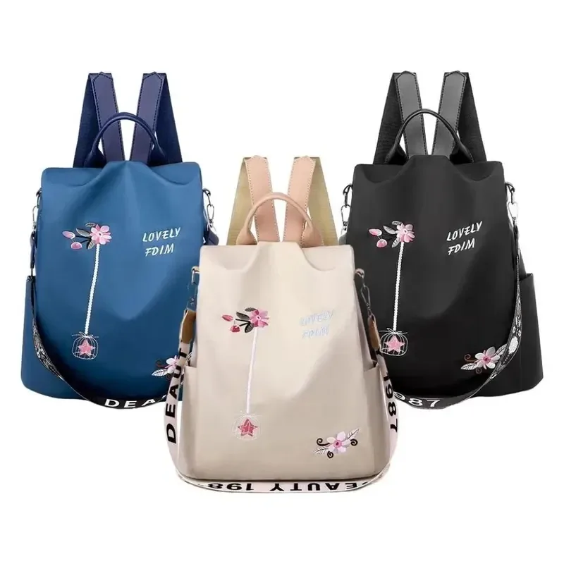 sac à dos oxford imperméable pour femmes, sac d'école antivol à la mode, sac à main de voyage de grande capacité avec broderie de styliste
