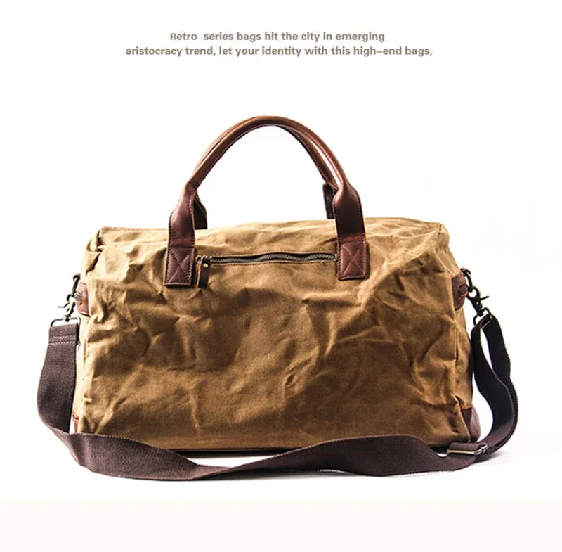 sac de voyage pour homme en toile cirée imperméable et cuir, sac à main, sac de cabine, grand sac fourre-tout vintage, sac de week-end, grand sac de nuit.