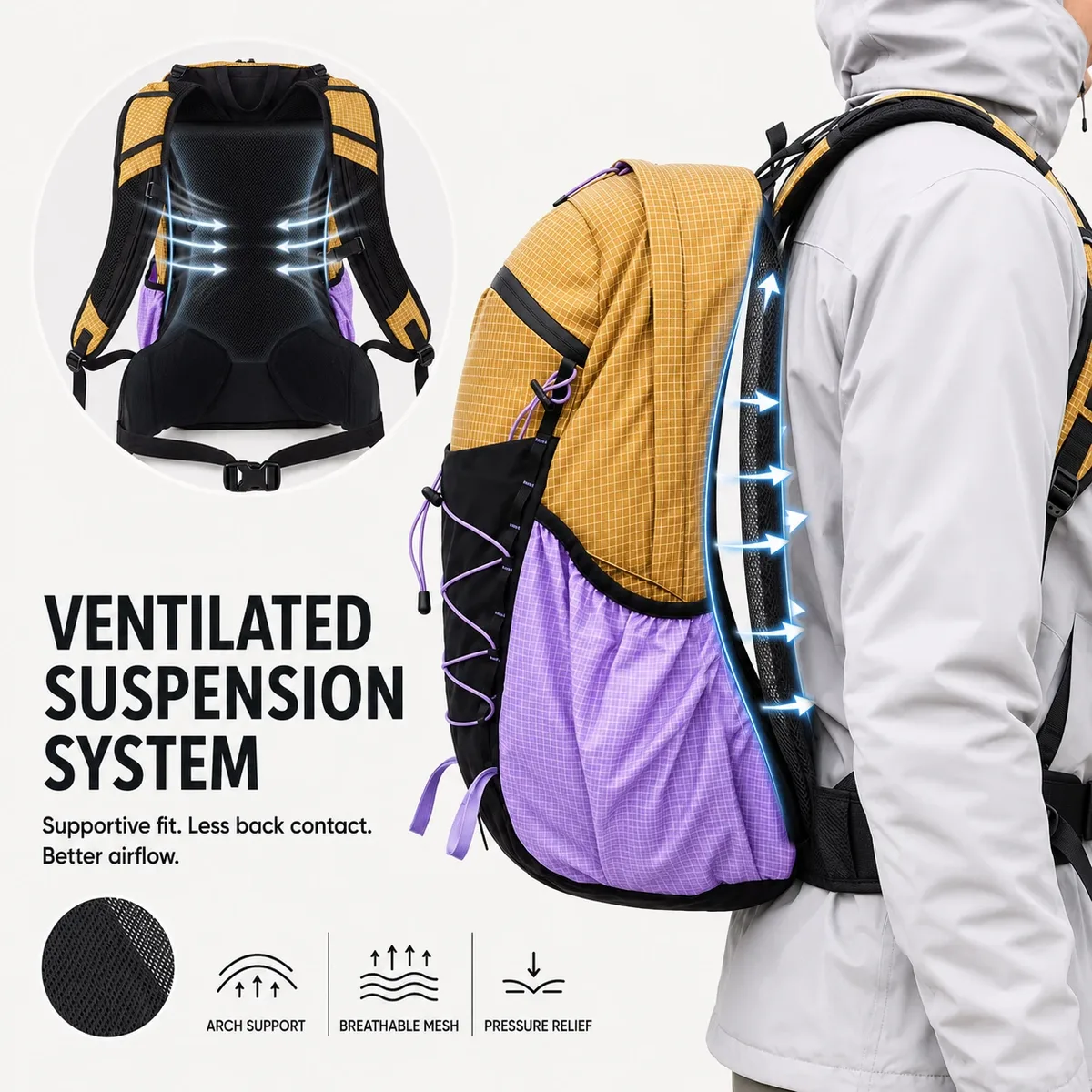 sac à dos de randonnée léger 22l avec cadre en aluminium, système de dos suspendu, respirant, pour hommes et femmes, imperméable, pour activités de plein air