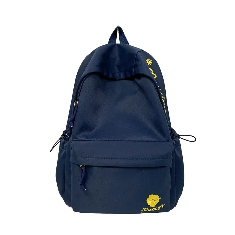 sac à dos noir minimaliste pour femmes, sac d'école décontracté avec broderie florale pour étudiants, utilisation quotidienne, voyage