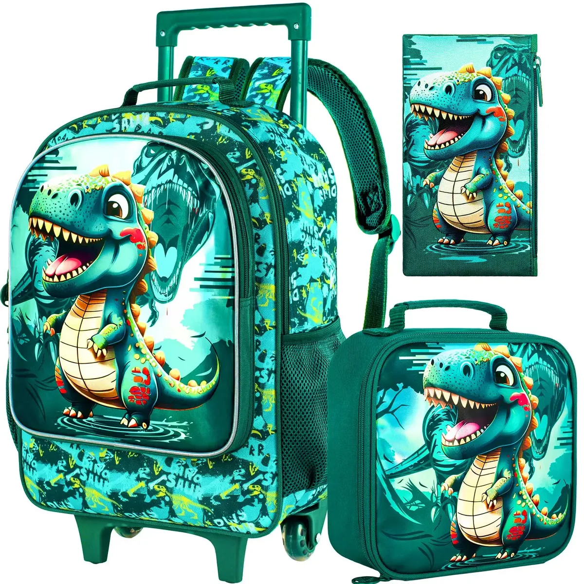 sac à dos roulant 3 pièces pour garçons, sac à dos d'école à roulettes avec roulettes, sac à livres à roulettes dinosaure pour enfants pour kinde préscolaire primaire