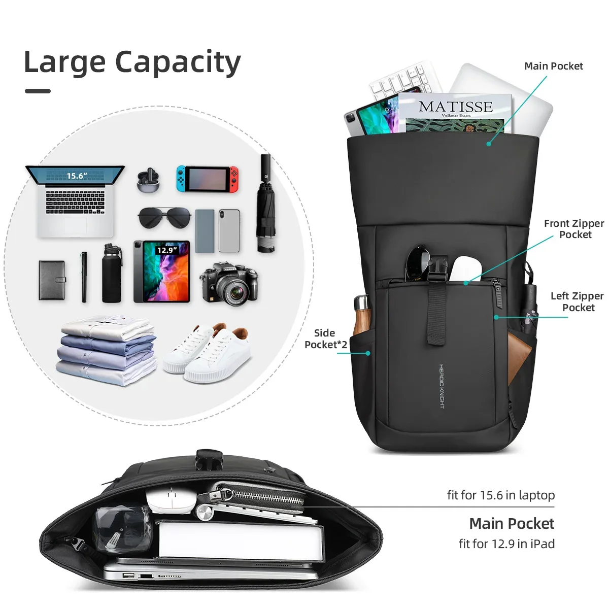 heroic knight – sac à dos de luxe pour hommes, sac d'école étanche pour ordinateur portable de 15.6 pouces, sac de travail antivol, sac de voyage polyvalent
