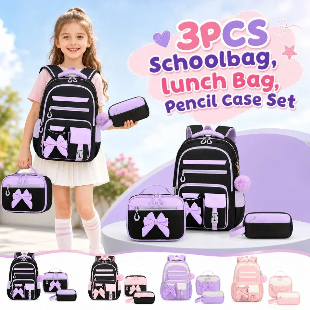 Ensemble de 3 sacs à dos, sac à lunch et trousse à crayons en tissu Oxford imperméable avec nœud papillon, léger et grande capacité