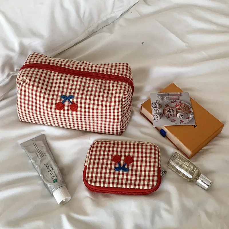 trousse de maquillage rouge à carreaux cerise, trousse à cosmétiques portable, organisateur de voyage, porte-cartes, pochette à monnaie de grande capacité