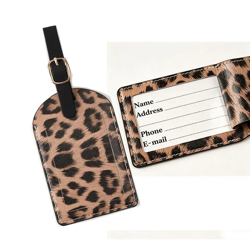 Nouvelles étiquettes de bagage en cuir PU tendance, accessoires de voyage pour sacs, étiquette de bagage portable style léopard pour filles et garçons, protège-cartes