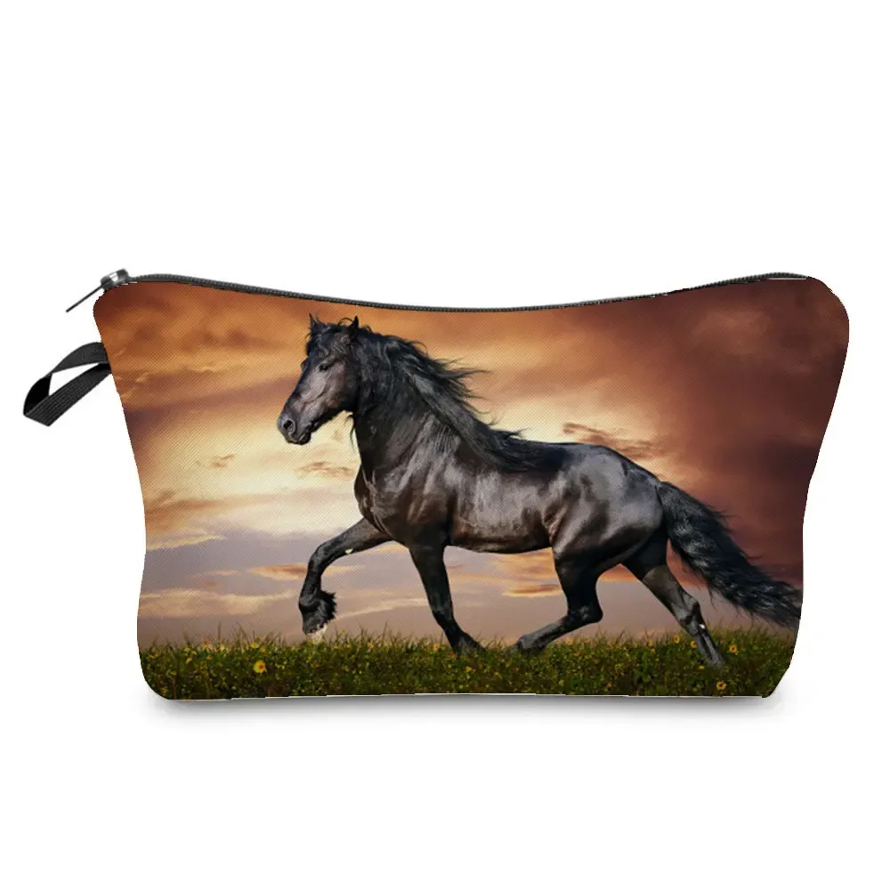 sacs de maquillage imprimés cheval pour femmes, sac à cosmétiques décontracté pour filles, mini trousse de toilette écologique réutilisable de voyage, trousse à crayons pour étudiants