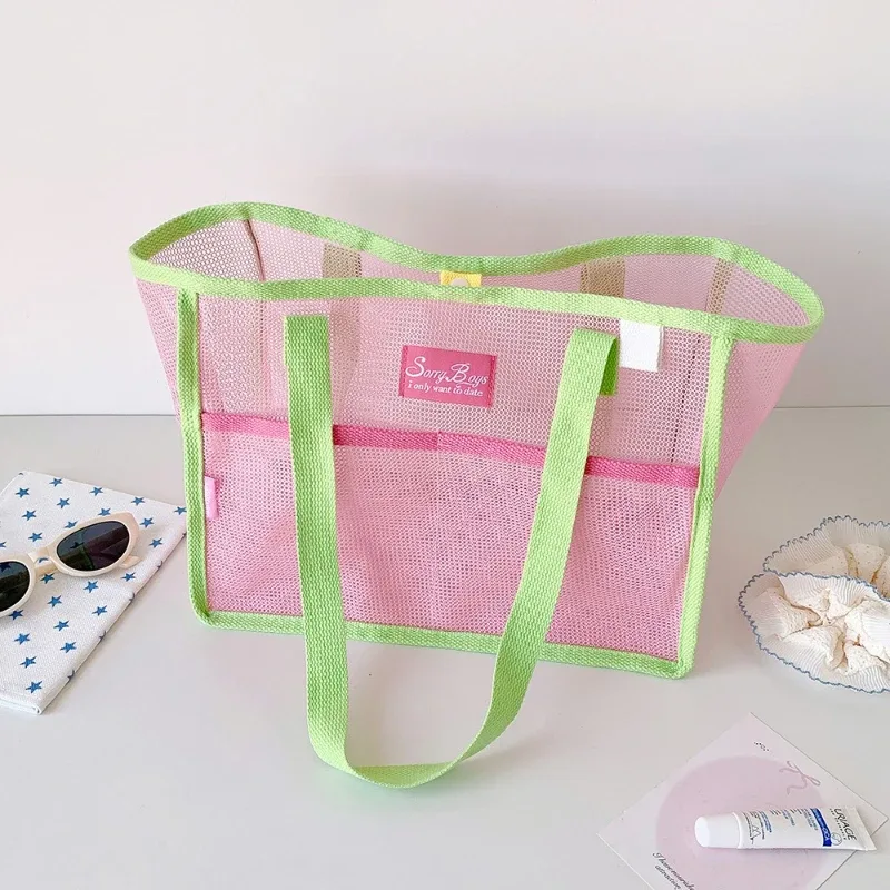 sac fourre-tout en maille mignon, sac de plage portable, respirant, à séchage rapide, pliable, grande capacité, sac à bandoulière pour femmes et filles
