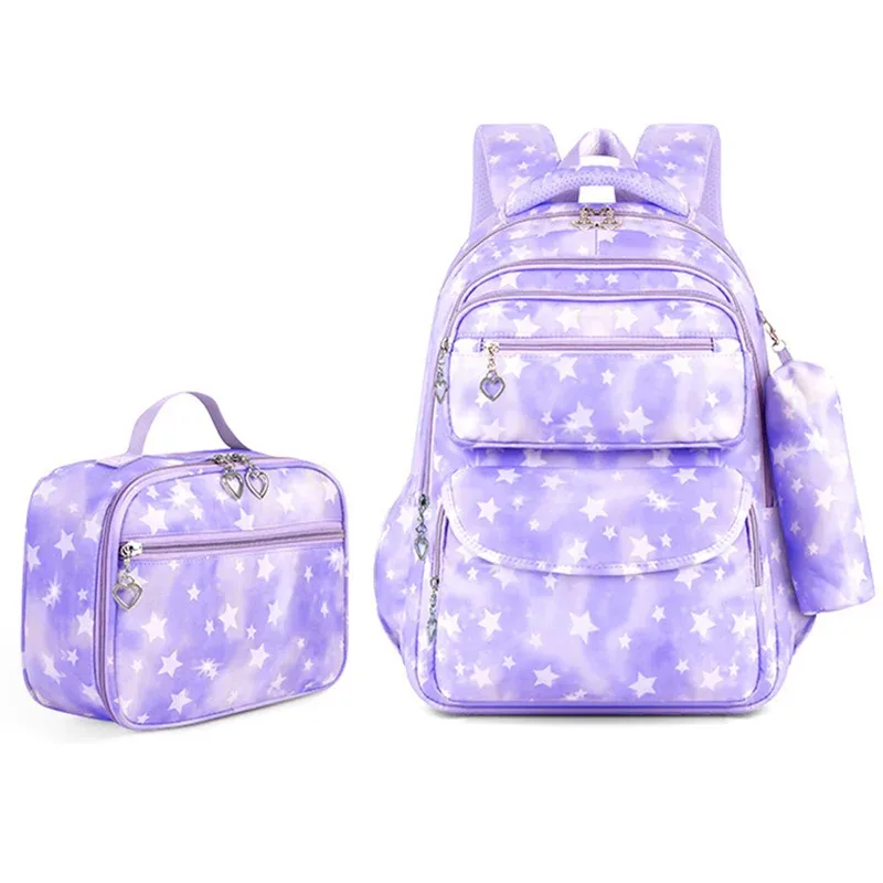 Ensemble de 3 sacs à dos scolaires imprimés étoiles avec sac à déjeuner et trousse à crayons, légers, imperméables, pour école primaire et collège