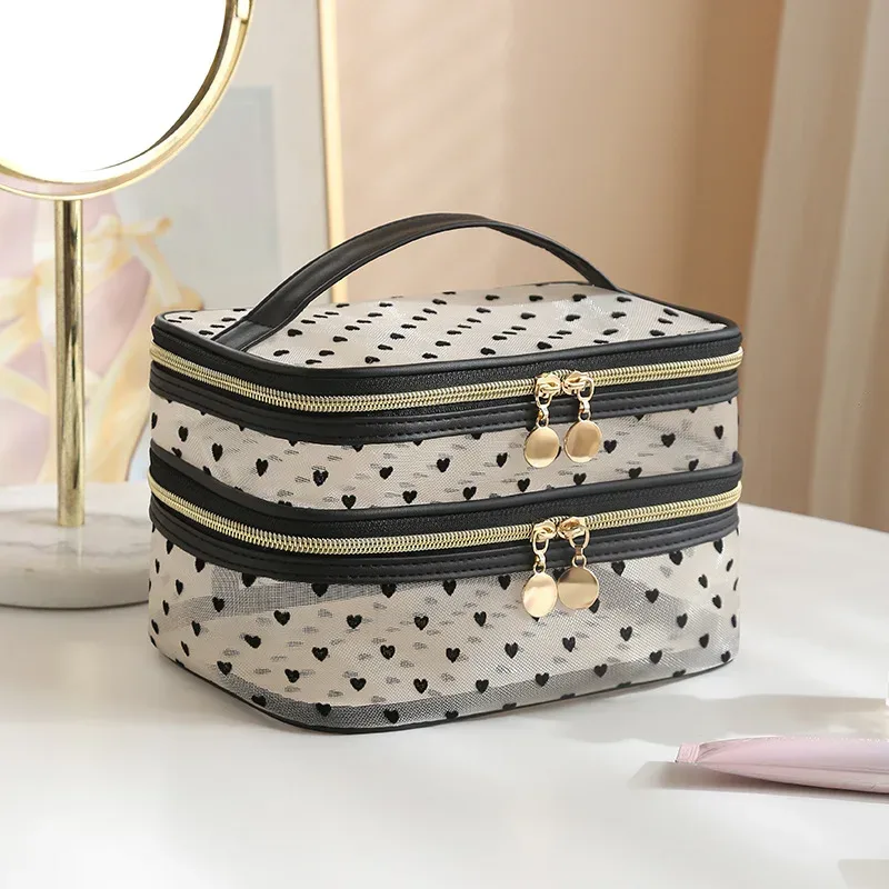 trousse à cosmétiques en maille noire à double couche, trousse de maquillage portable de grande capacité, trousses de toilette à fermeture éclair, trousse de voyage, évaluationstorage, poudres