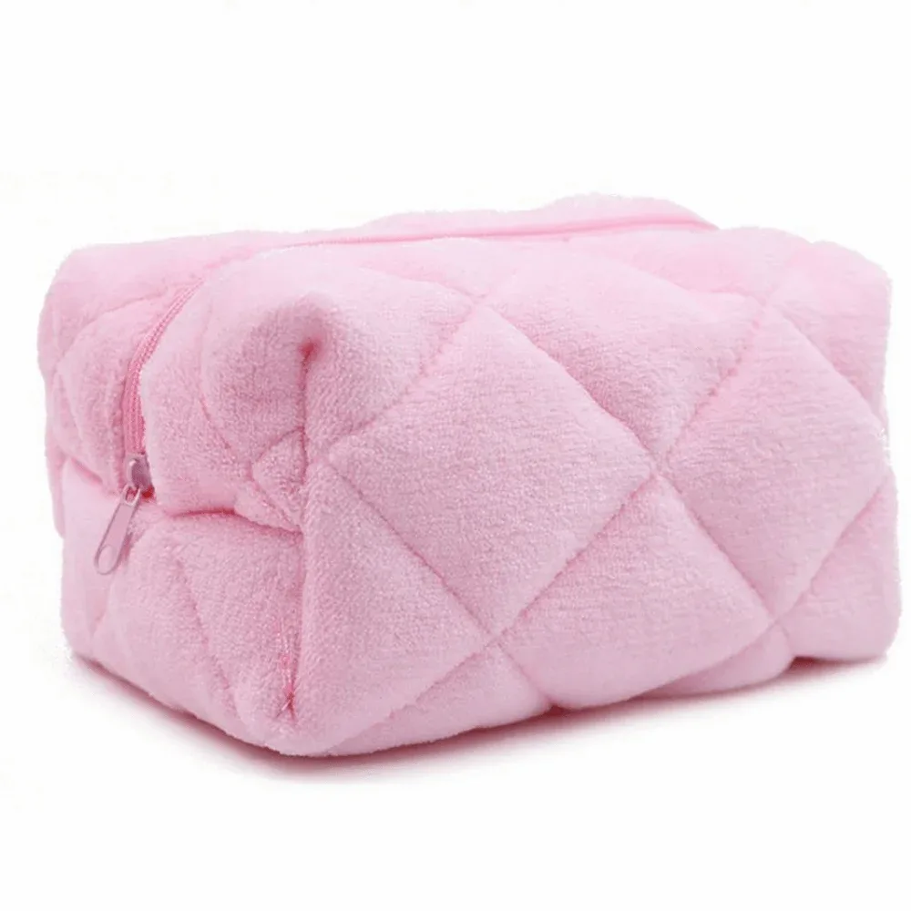 sac à cosmétiques de grande capacité, sac de maquillage design portable en peluche, sac de rangement de style kawaii de couleur pure, rangement de maquillage