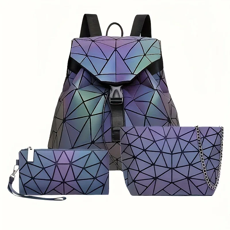 sac à dos pour hommes et femmes, épissure géométrique, sac à dos de voyage à la mode pour étudiantes, grande capacité, sac d'école à réflexion holographique