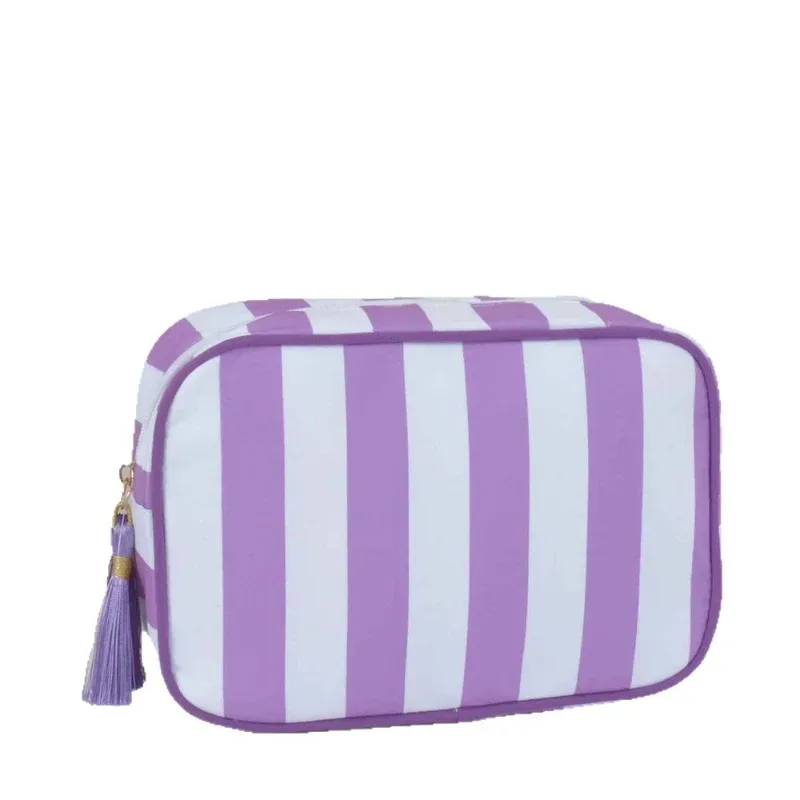 grand sac à cosmétiques de lavage rayé pour femmes, sac de maquillage à pompon avec fermeture éclair, grande capacité, rangement de toilette, pochette de rangement