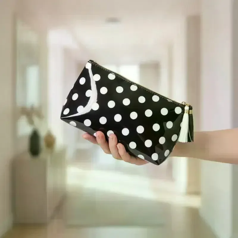 sac à cosmétiques rétro à pois en pvc, sac de maquillage avec franges et fermeture éclair, trousse de toilette de voyage étanche, étui pour pinceaux de maquillage