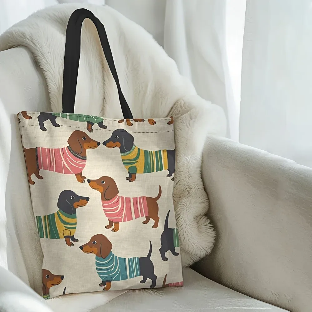 sac fourre-tout imprimé chien teckel, motif chien saucisse mignon avec visage de teckel, sac à dos durable pour les courses et le rangement