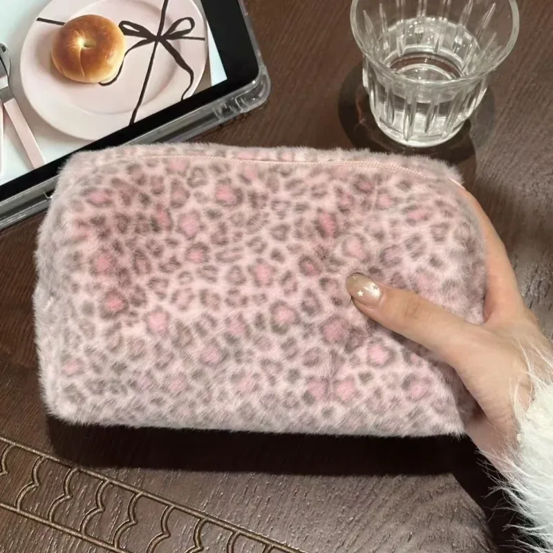 organisateur de toilette de voyage grande capacité, étui de rangement mignon, sac cosmétique imprimé léopard rose, trousse de maquillage pour femme, sac à main