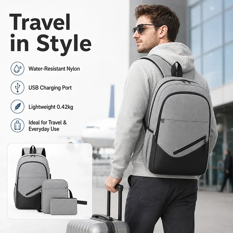sac à dos léger en nylon pour ordinateur portable, 3 pièces, résistant à l'eau, chargeur usb, unisexe, grande capacité, sac à bandoulière pour l'école et les voyages