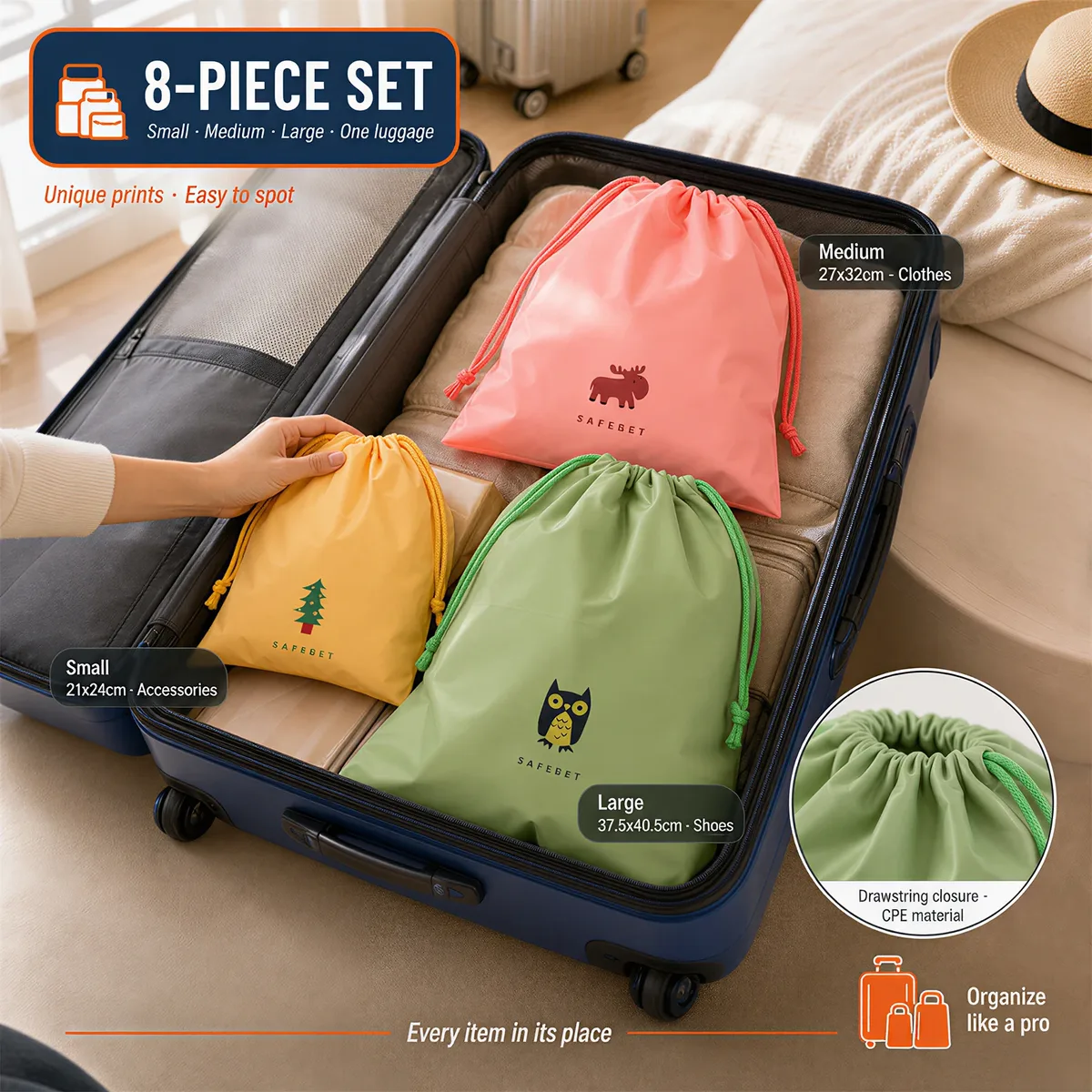 lot de 8 sacs de rangement imperméables avec cordon de serrage et motifs de dessins animés distinctifs, sacs de voyage pour vêtements