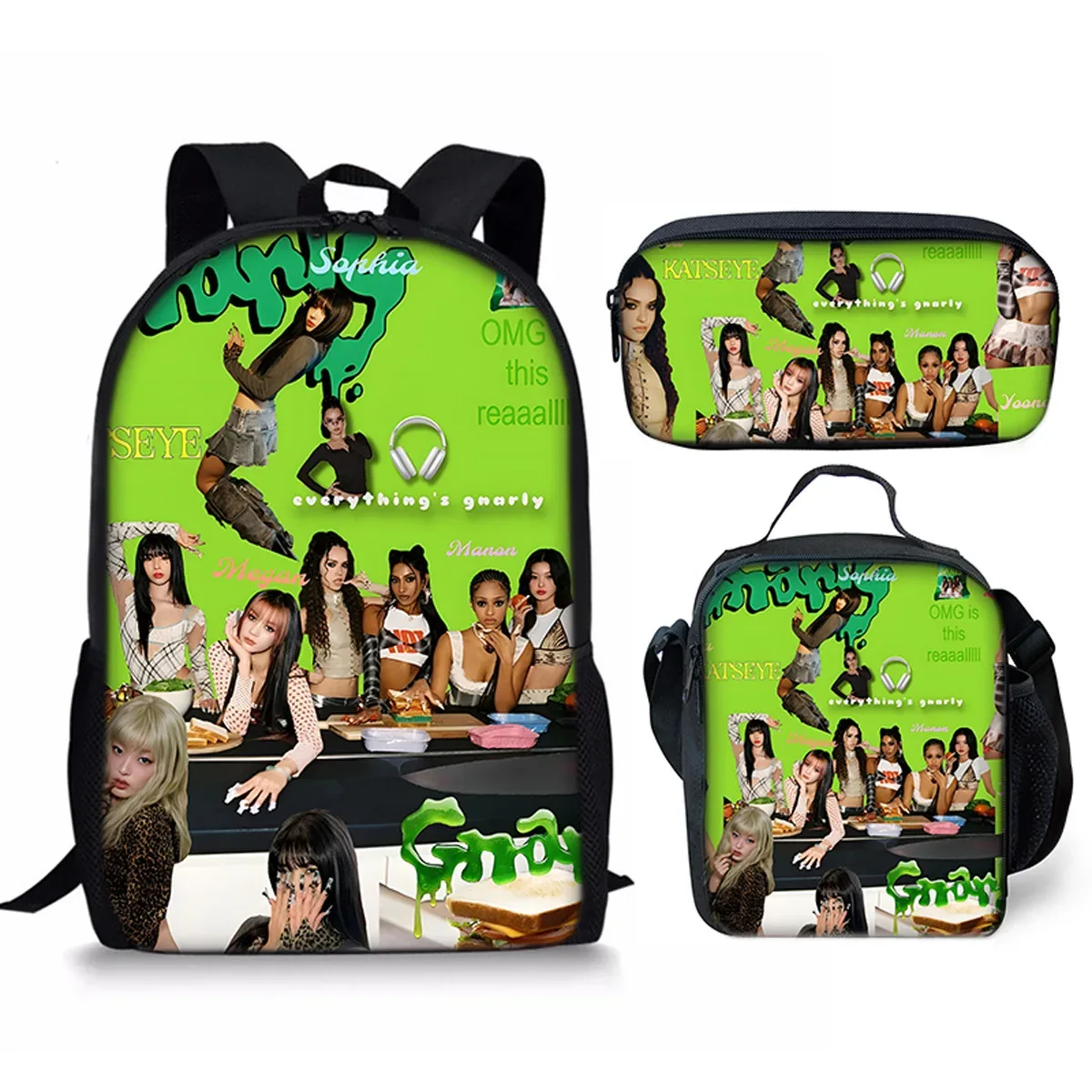sac à dos d'école kpop katseye 3d imprimé, 3 pièces/ensemble, avec sac à déjeuner et trousse à crayons – nouveauté amusante et populaire de luxe