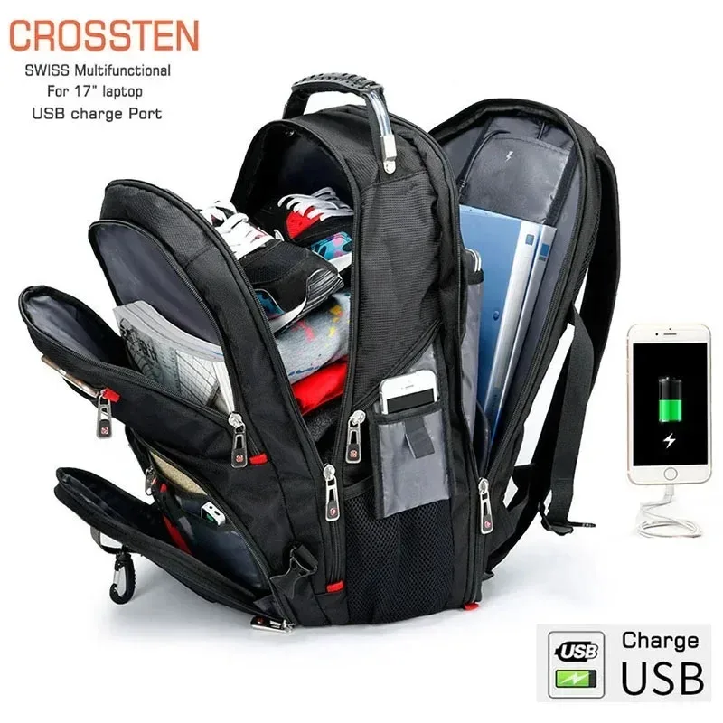 Sacs multifonctionnels suisses durables, sac à dos pour ordinateur portable de 17 pouces, sac de voyage, sac à livres pour l'université, port de charge USB, résistant à l'eau