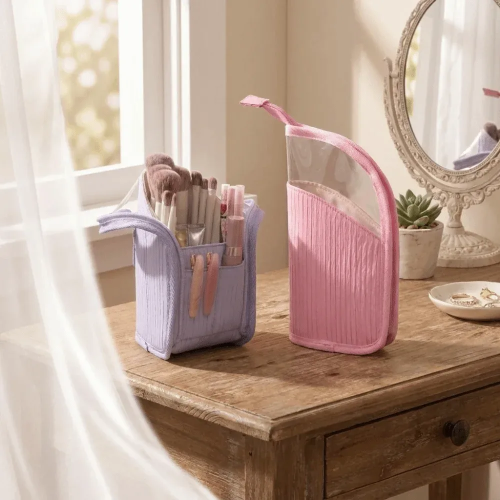 grande trousse de toilette verticale grande capacité, étui portable pour pinceaux de maquillage, pochette de rangement de voyage étanche et autoportante