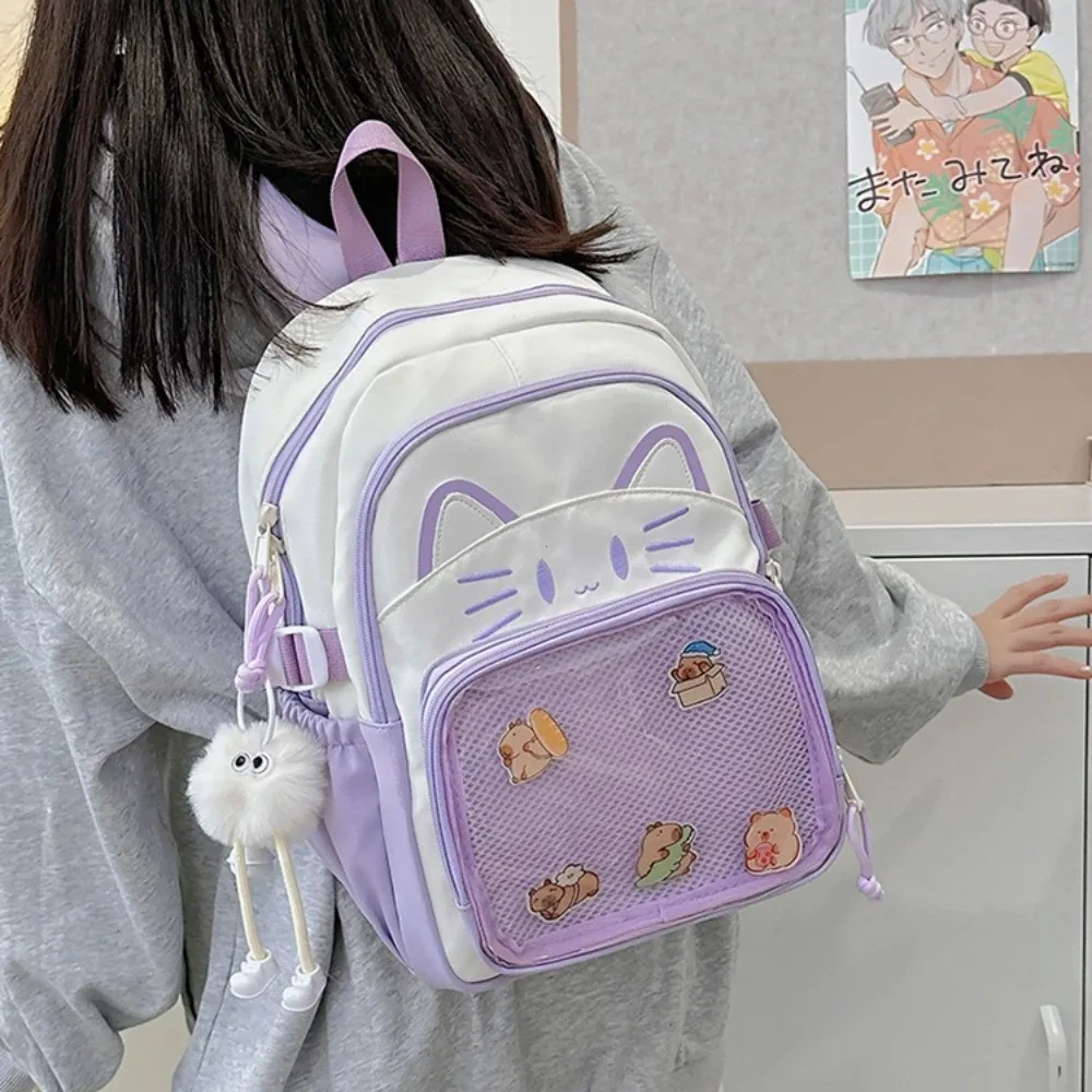y2k mignon chat ita sacs à dos grande capacité sac à dos décontracté fille transparent bricolage affichage sac à dos dessin animé à la mode voyage cartables