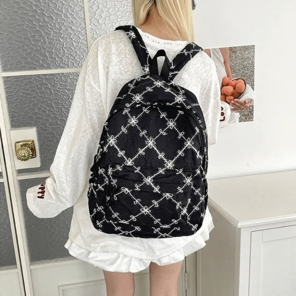 sac à dos mignon et élégant avec nœud, minimaliste, en nylon uni, multi-poches, léger, idéal pour les étudiants et l'école au quotidien.