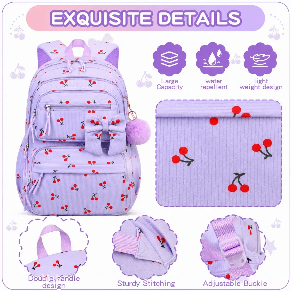 ensemble de 3 sacs à dos, sac à lunch et trousse à crayons à motif de dessin animé, grande capacité, 4 couleurs, ensemble de sacs d'école avec nœud papillon, en tissu de velours côtelé, léger