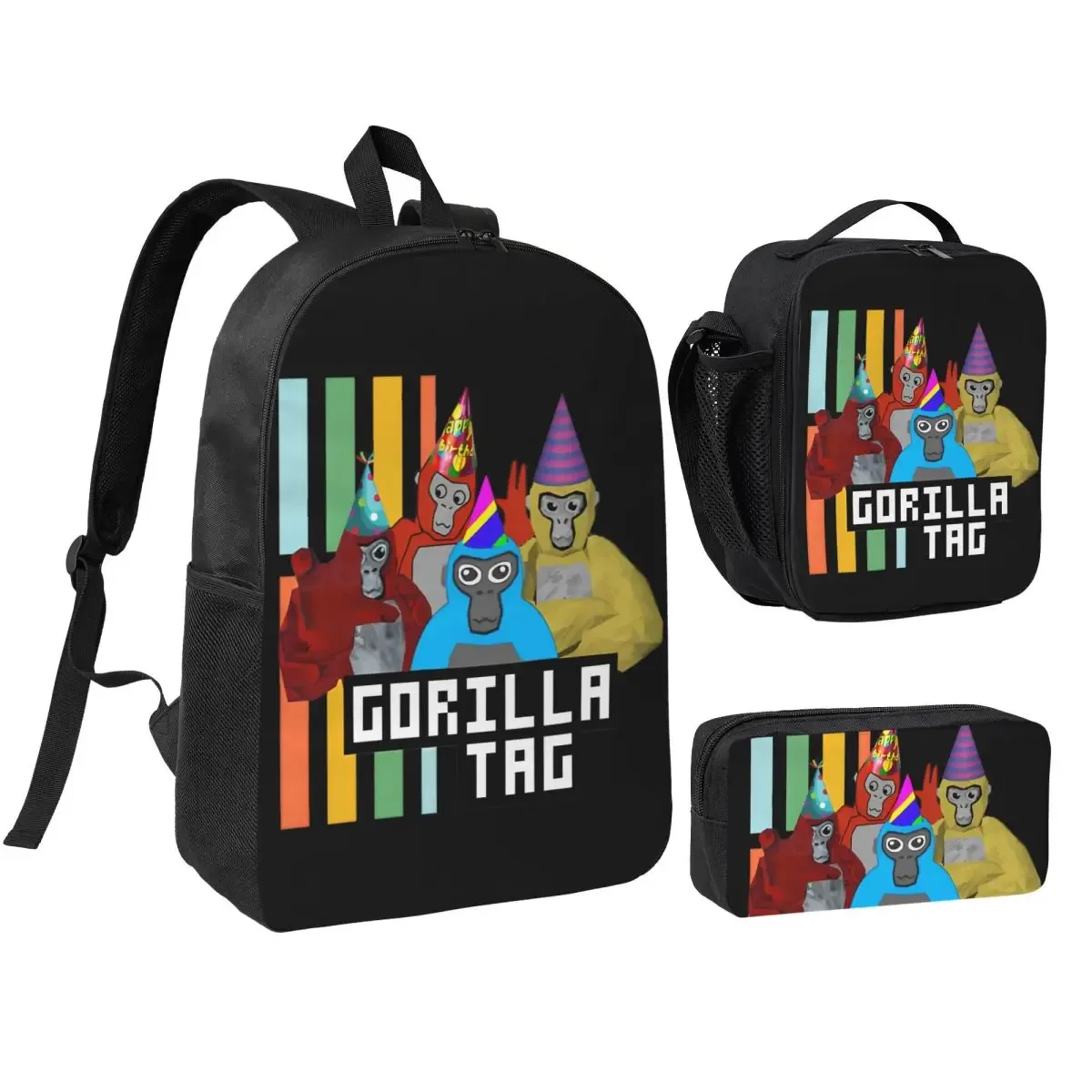 3pecs/ensemble gorilla tag vr gamer singe mosaïque sac à dos pour garçons filles retour à l'école jeux chauds sac à dos sac à déjeuner trousse à crayons
