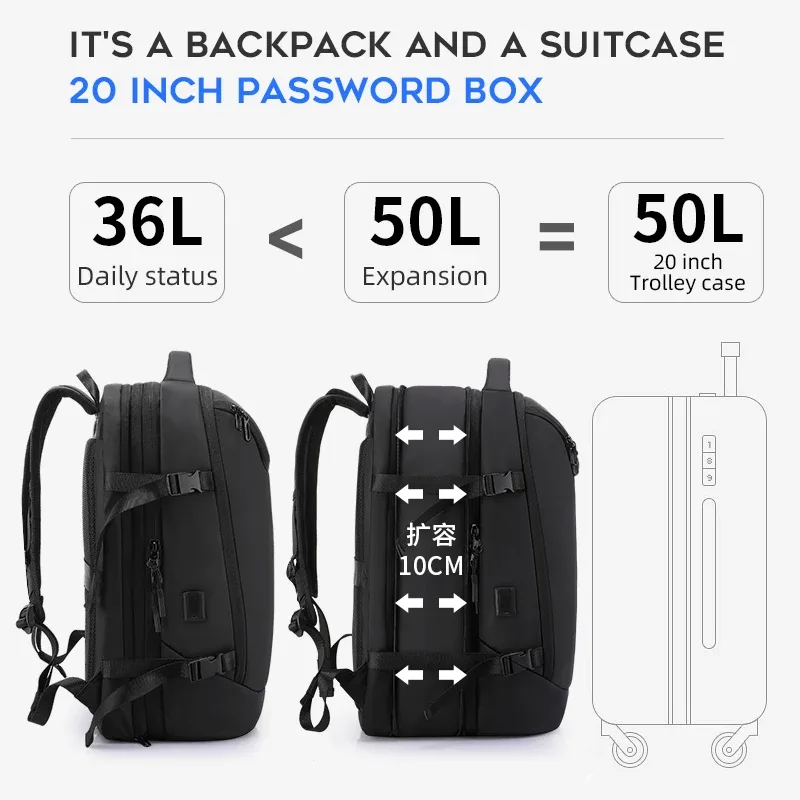 sac à dos extensible tangcool 36l-50l, imperméable, en oxford, pour ordinateur portable 17,3 pouces, voyage d'affaires, approuvé pour les vols